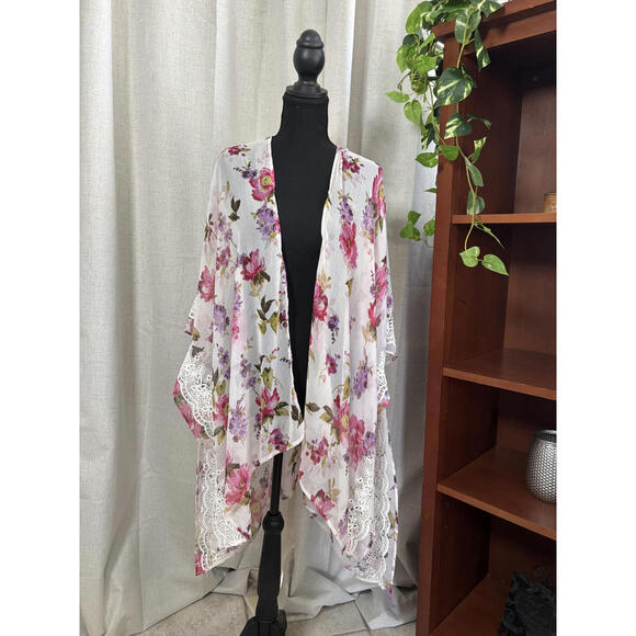Boho Floral Lace Trim Kimono Cardigan - Picture 2 of 8